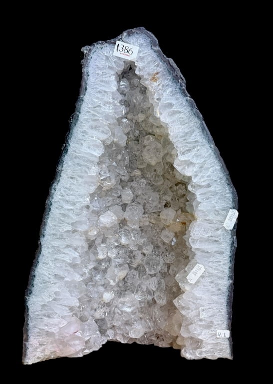 Quartz Crystal Cathedral Geode: Clear quartz with just a tinge of purple at lower left, labels affixed, heavy, 15.5H x 10W x 5.5D inches