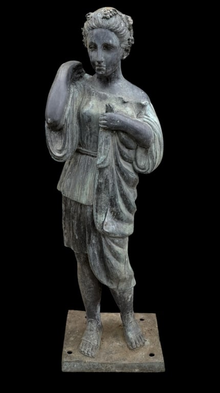 Antique Cast Bronze Garden Sculpure: Appears to be a classical representation of Diana of Gabii, base with mounting holes, verdigris and patina from outdoor placement, 40H x 12W x 11D inches