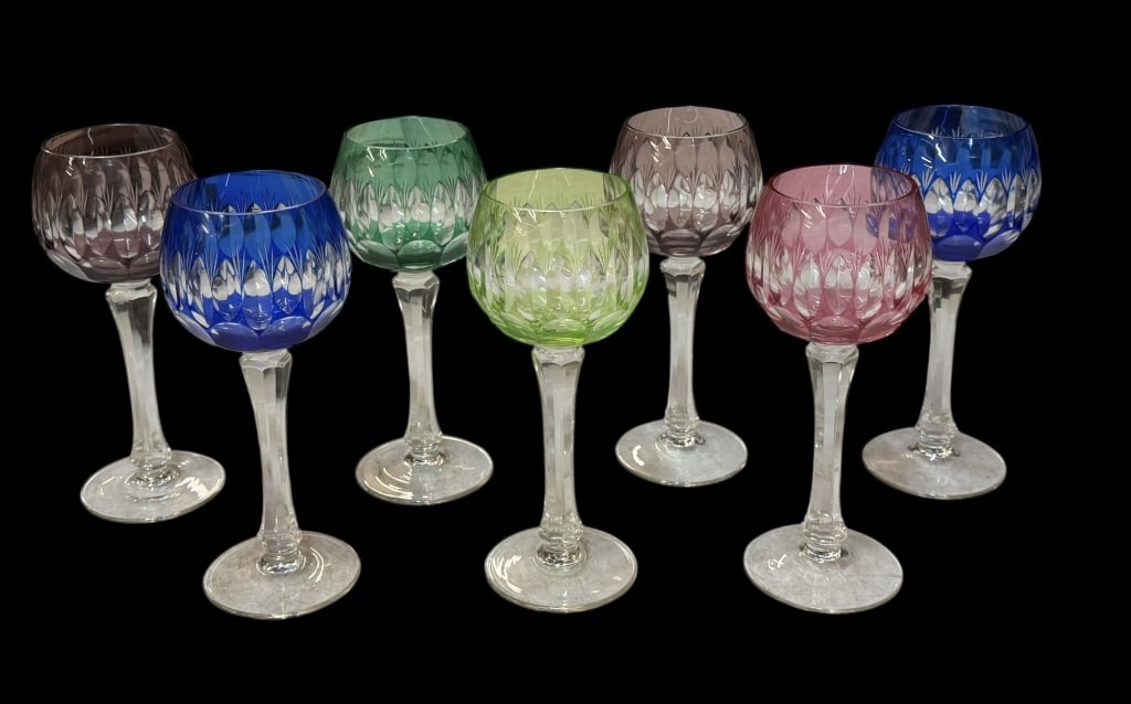 Seven Cut to Clear Wine Hocks: 20th century, cut to clear crystal glasses in assorted colors with 2x blue and 2x purple, unmarked, 8 inches tall..surface grime but overall very good condition, no chips or cracks