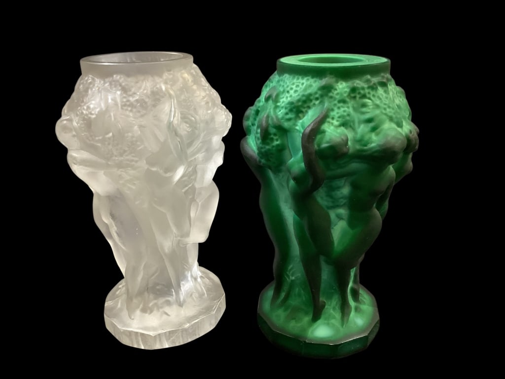 Art Deco Glass Vases: Curt Schlevogt Bohemian malachite vase, The Harvest, 5 inches tall with classic cameo style Figures. Frosted Art Deco vase, also at 5 inches, depicts Bacchantes nudes in relief , produced by