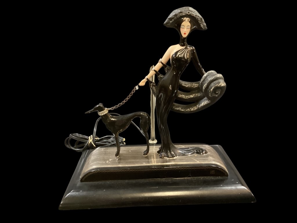 House of Erte Table Lamp: Franklin Mint porcelain table lamp, Symphony in Black. Based on the iconic Art Deco work by Erte. 24 inches tall, hand painted figure, with Swarovski crystals and platinum accents. Line Item # 8