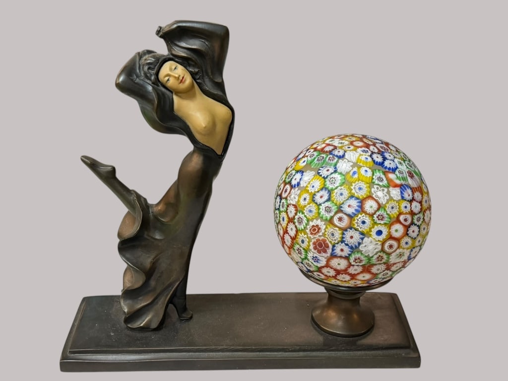 Collection Francaise Deco Style Lamp: Figural lamp with dancing female, marked Collection Francaise with round Millefiori glass shade, style of JB Hirsch..light surface wear, celluloid bust insert with surface grime, untested..10H x