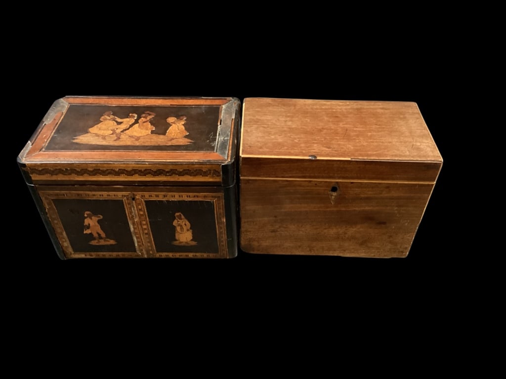 Italian Marquetry Work Tea Box, English Tea Caddy: Sorrento Ware fruitwood tea caddy, Figural inlays depicting dancers, and figures of region. English flat top tea caddy, rectangular size with hinged lid. Interior with divider.