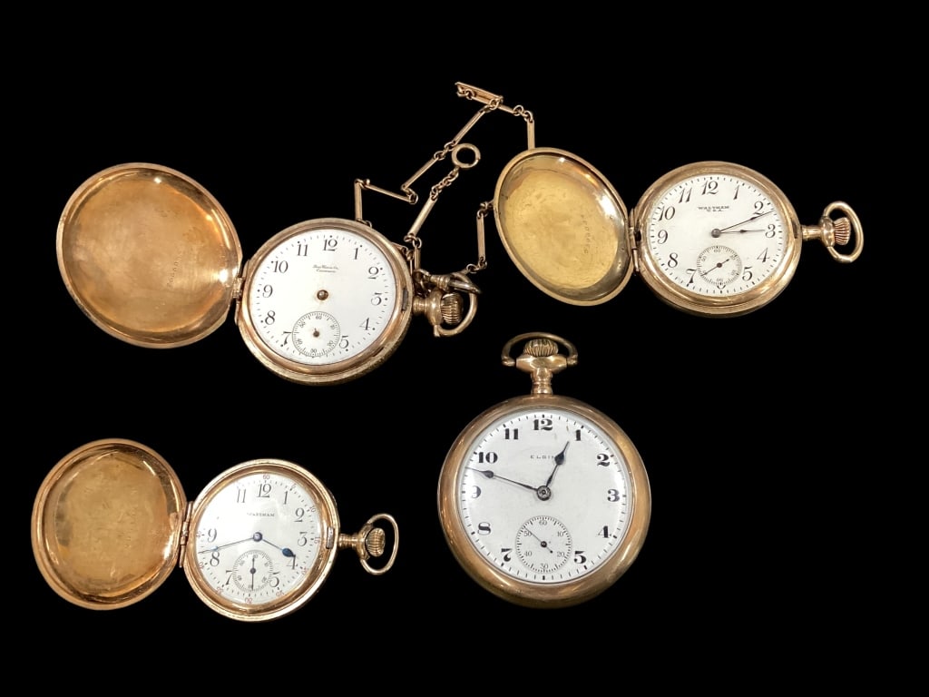 Vintage Pocket Watches: Elgin open face, 17 jewels #19300265, Ball Watch Company, Keystone case, with Watch chain ( missing hands), Waltham gold filled, Cashier Case #785327, Waltham pocket watches with hinged case,