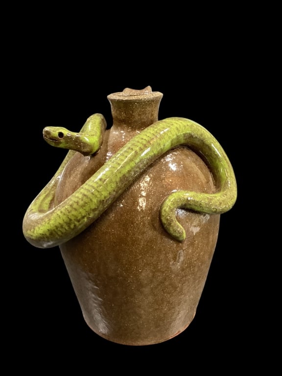 Marvin Bailey Snake Jug: Southern Stoneware folk Art pottery jug, 12 inches tall, alkaline glazed with applied coiling green snake. Wide spout, applied handle. Signed at base