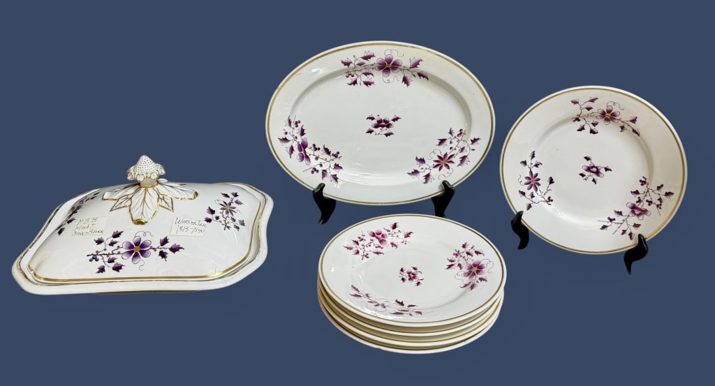 Flight, Barr & Barr Worcester Porcelain: Early to mid 19th century, including: (5) 8.5 inch plates,11.5 inch platter, lidded serving dish, all with hand painted purple flowering branches and gilt accents, gilt rim, marked with FBB and