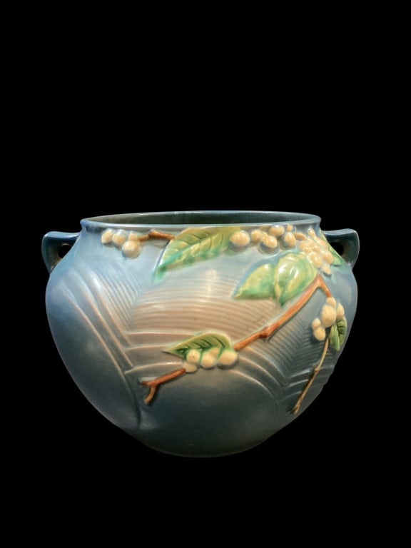 Roseville Snowberry Jardinere: In blue with molded pattern of snowberries and leaves, with embossed curving lines. #IJ-8. Line Item # 1