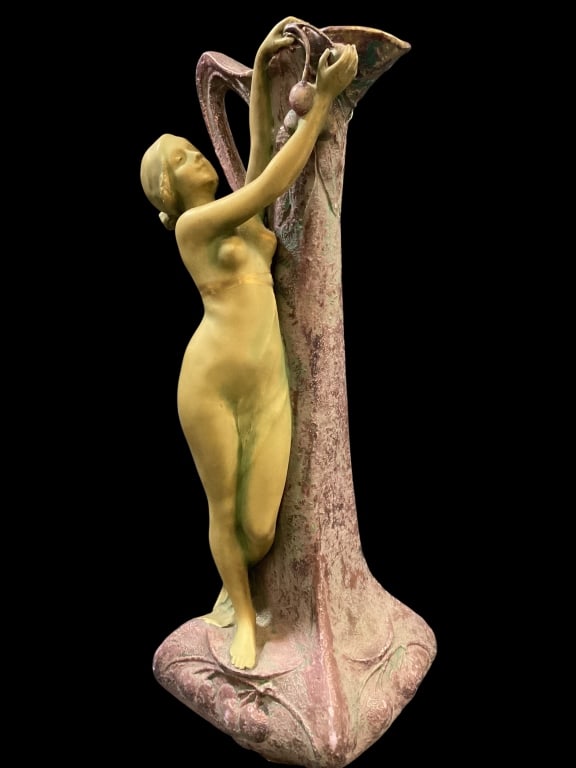 Art Nouveau Vase: Figural Ewer Vase, Alexandra Porcelain Works, Austrian. Graceful Form classical maiden stands draped against a stylized column. Lovely color combination of lavender and green. Stamped with