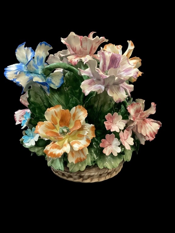 Capodimonte Flower Basket: Vintage Capodimonte flower basket, larger size 12 x 10 inches with artistic arrangement of colorful flowers, produced in Naples and bearing the N and crown mark. Line Item # 3