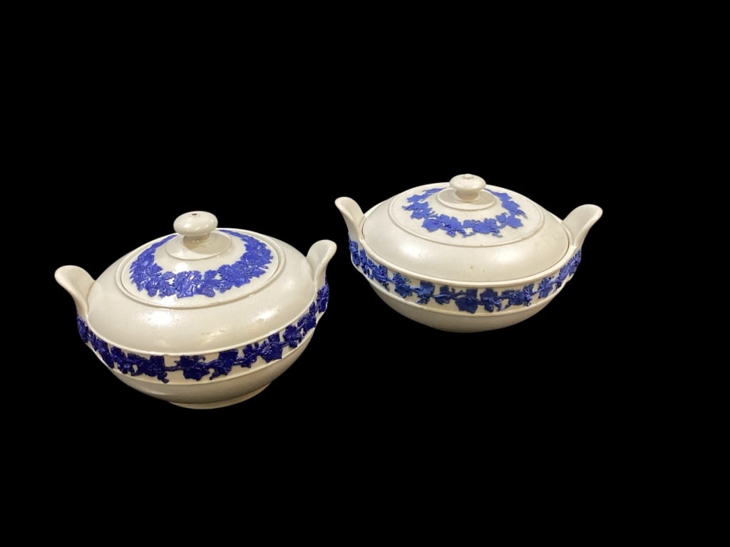 Wedgwood Jasperware Sugar Bowls: Classic blue and white combination, biscuit finished with grapevine borders.5 and 6 inch diameter sixpzes. Stamped Wedgwood
