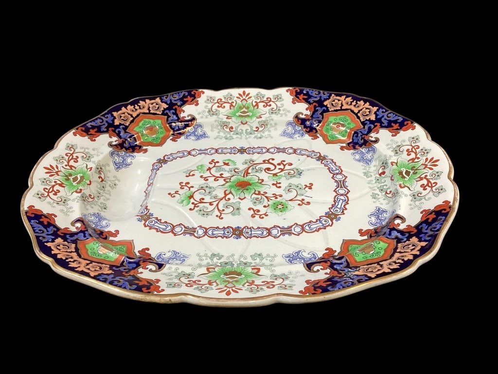 Ironstone Meat Tray: English, attributed to Ashworth Brothers. Large 20 inch ironstone tray, with drip well. Imari pattern, inspired by Japanese styles,