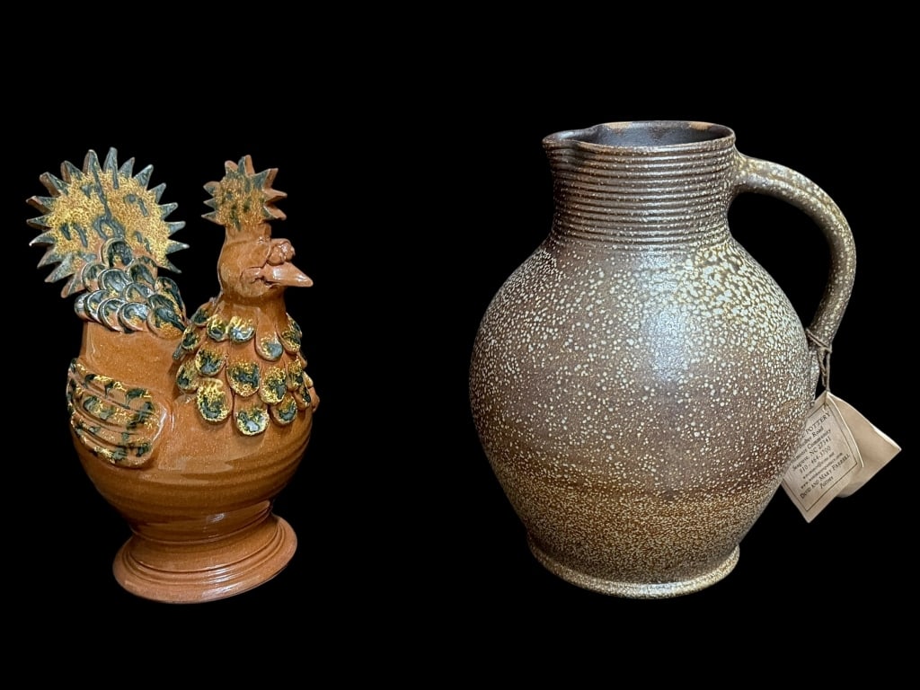 David Farrell Pottery Rooster and Pitcher: Westmoore Potrery of Seagrove, NC..10 inch folk art rooster in brown glaze form with blue and yellow, loss to comb; 10 inch salt glaze pitcher, good condition, with studio tag..both pieces with