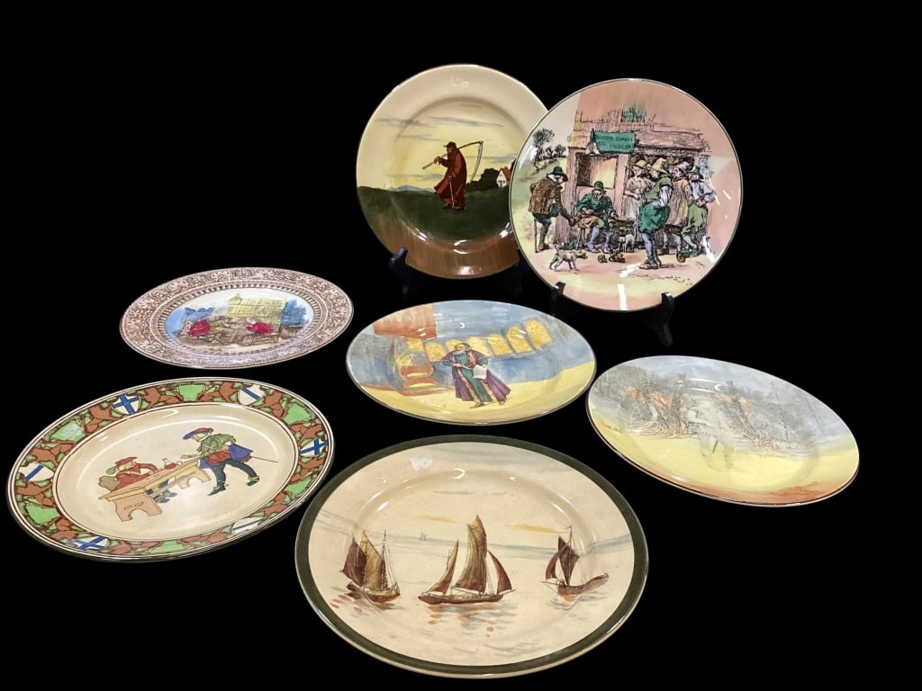 Seven Royal Doulton Plates: From Old English Scenes and Shakespeare Series. 10 inch plates, all marked for Royal Doulton. Includes Orlando, Shylock, Roger the Cobler, River Thames