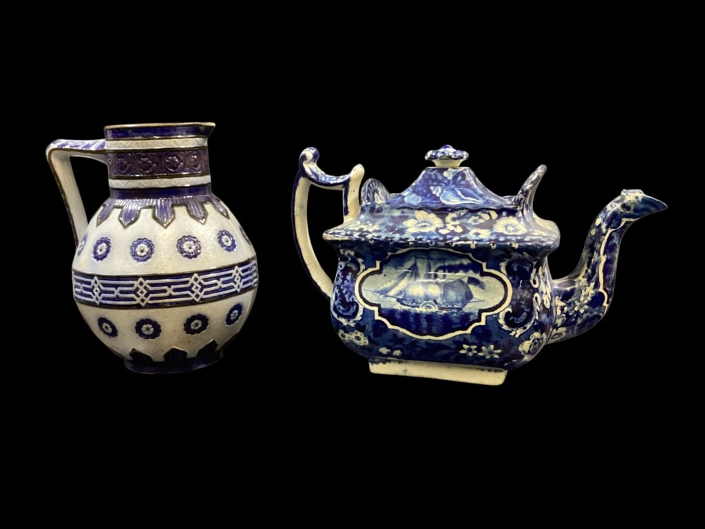 Majolica Jug, Staffordshire Tea Pot: Victorian Majolica Jug, 8 inches with decorative Geometric pattern in blue and white, bold colors. Staffordshire Historical Teapot with sailing vessel 9 inches.