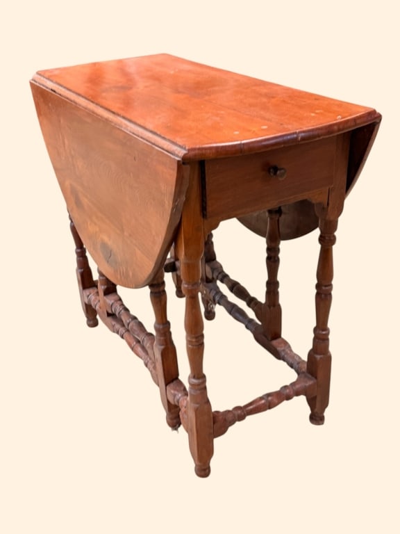 Jacobeab Style Gate Leg Drop Leaf: British, late 19th C, Turned legs, drawer seconday has been rebuilt, needs tighten up 28 tall x 34.5 wide x 15 wide , 43 open
