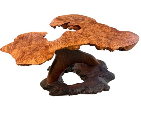 Vintage Free Form Burl Wood Table: Maple and Walnut burl, exceptional figure, elegant form, 14 1/2 tall 27/2 wide 26 deep