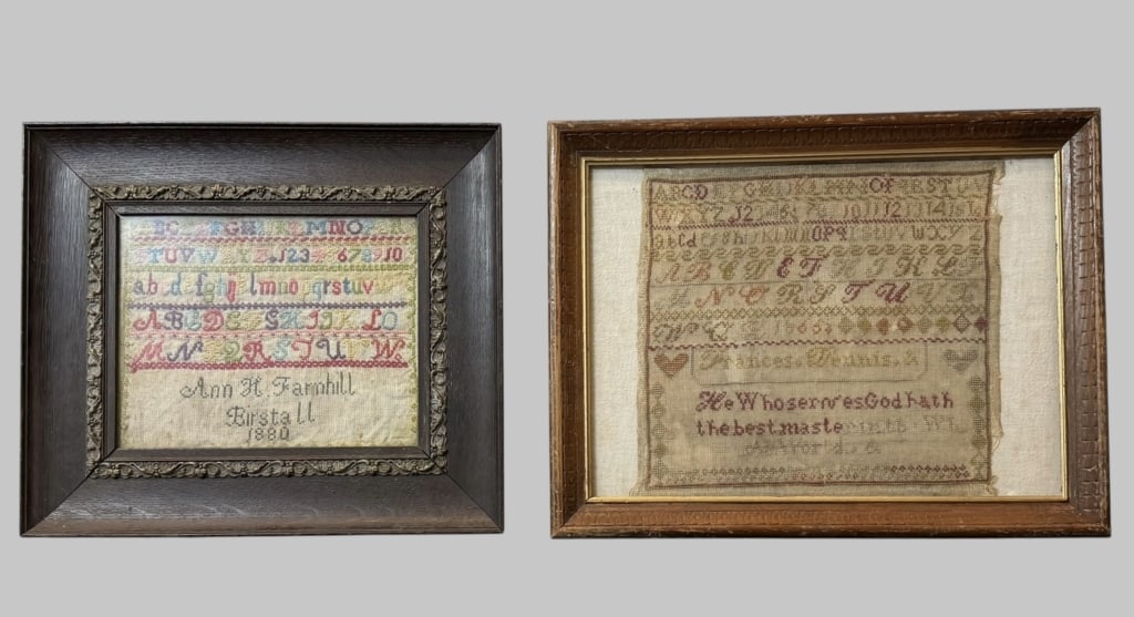 Two Schoolgirl Samplers: 19th century, silk thread on linen backing, right worked by Ann H. Farnhill, left worked by Francis Dennis..both with upper and lower case letters, numbers, Dennis sampler also with verse..linen
