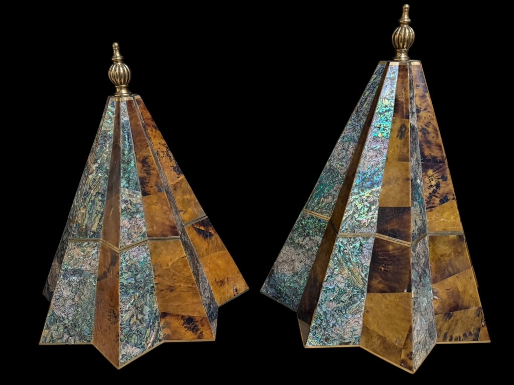 Two Decorative Maitland Smith Pyramid Boxes: Late 20th century, 17 and 19 inches tall, faux tortoise shell and abalone veneers, tapered star shape, brass finials and trim, both are marked..surface dust, few areas of chipped veneer, larger