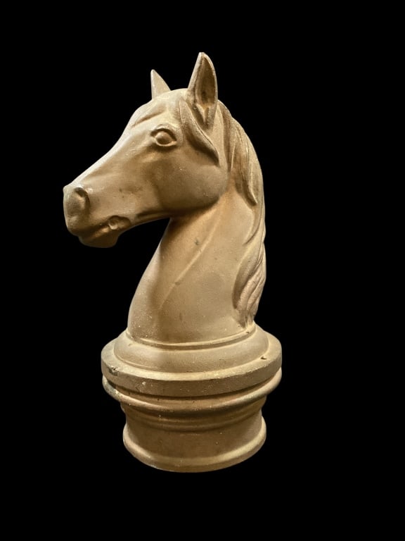 Brass Hitching Post Topper: Heavy 14 inch tall Horse Head Hitching Post Topper. Vintage with well defined Horse Head, old wear and patinated. Pressed mark to interior post EAK