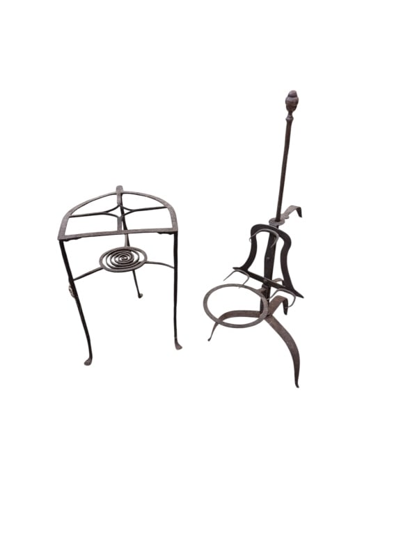 Hand Pot stand & Roasting Spit with Pot holder: American, early 19th C, 3 leg pot stand with penny feet Adjustable iron roasting spit with potholder spit is 30 tall
