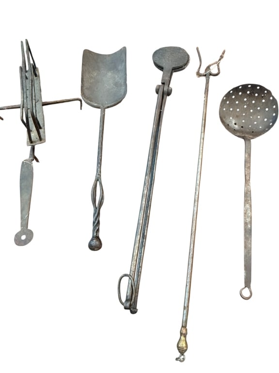 5 Wrought Iron Implements & Cooking Utensils: Toaster, ladle/strainer, waffle iron, coal shovel, poker, longest is 31