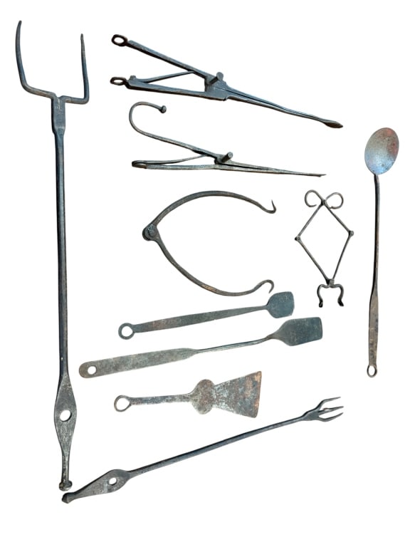 10 Assorted Cooking/Fireplace Tools: 2 pairs or ember tongs (lady hands) one pair has hands for tongs, pokers, chopper, spatulas , ect..