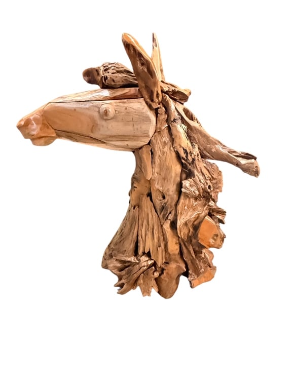 Free Form DriftWood Stallion Bust: Free form driftwood assembled artistically to a stallion bust, fruit wood, 38 tall x 37 wide x 16 deep