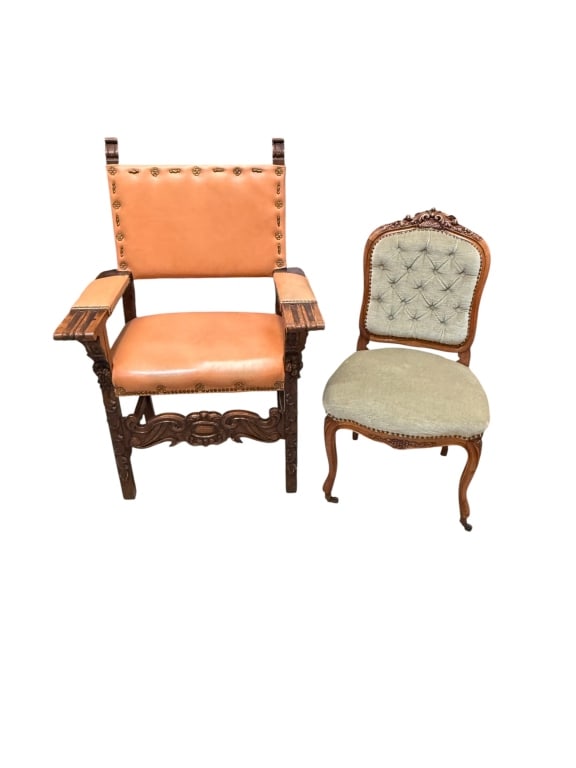 Carved Walnut Court Chair & Tufted Side Chair: Court open armchair, leather seat, back and armrest with hammered tack decoration, floral and fruit carving, sturdy, decorative brass accents, 45 tall to the back 21 tall to the seat 30 inches
