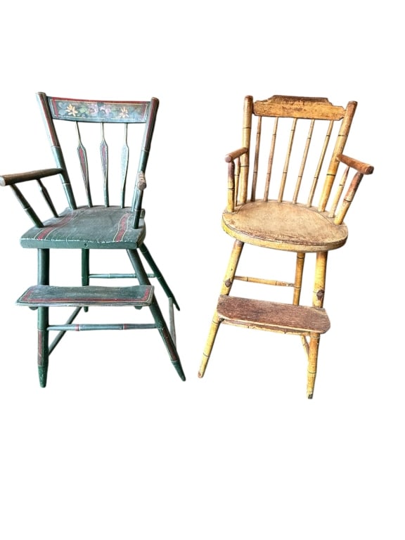 2 Painted Antique Highchairs: One in green paint, Arrow back, line and floral decoration, worn foot plate, sturdy Windsor style high chair in original mustard paint, foot rest, shaped seat
