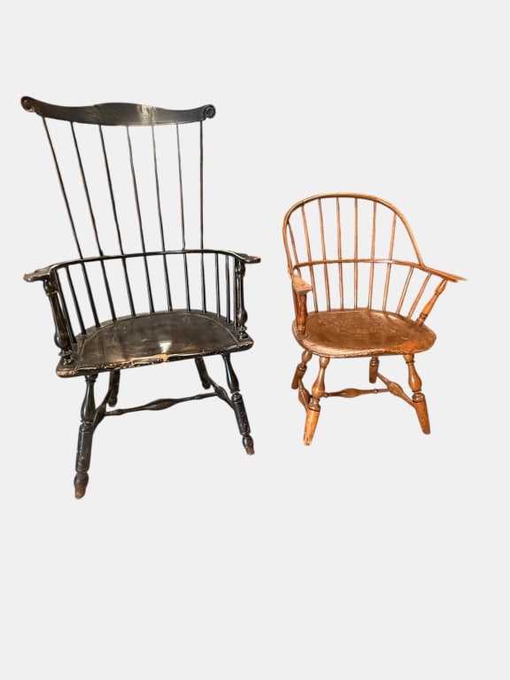 Two early Windsor armchairs: Black comb back Windsor armchair, and original paint shaped seat, sturdy Hoop back, Windsor armchair, maple, and Oak shaped seat sturdy
