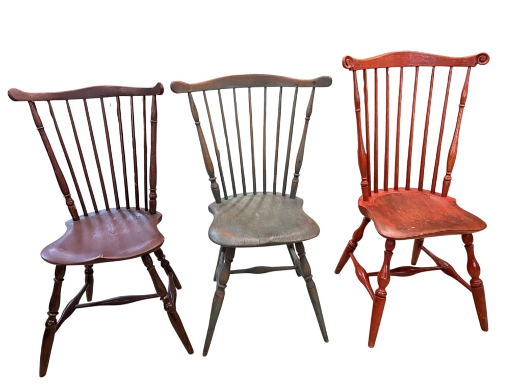 3 Painted Windsor Chairs: All late 19th C. Red Windsor, later paint, shaped seat, carved rest, through tenon legs Blue, original paint, shaped seat, through tenon legs, Dark red wash, Shaped seat through tenon legs