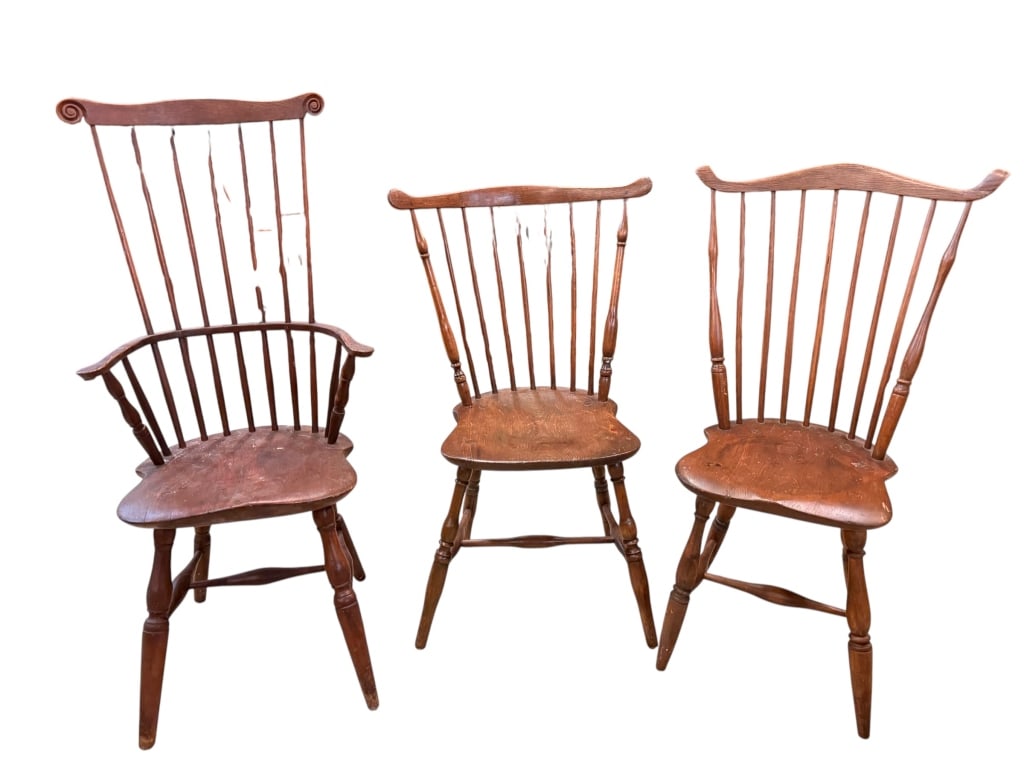 3 Straight Back Antique Windsors: All early 19th C , Left comb back, shaped seat, original surface through tenon legs and arm spindles Center, shaped heart pine seat, through tenon legs Shaped seat, exaggerated rest, through tenon 
