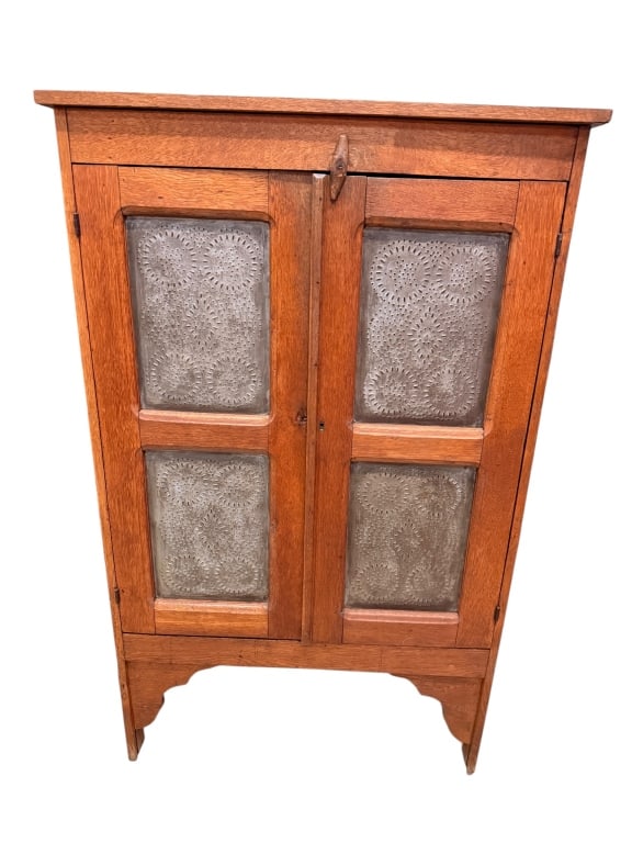 Antique Oak 4 Tin Pie Safe: Early 20th C, 2 fixed interior shelves, solid ends, shaped skirt, 54, tall 33, lines 15 deep