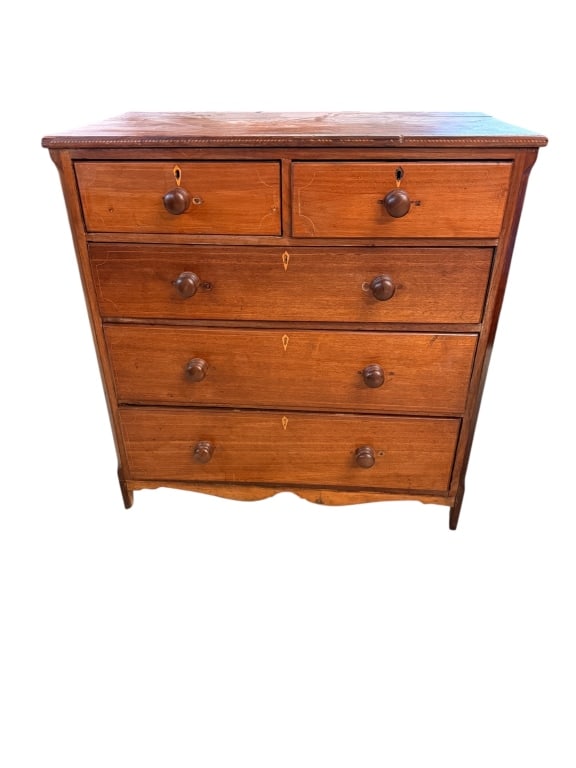Inlaid Federal East TN Walnut Chest: Early 19th C, string. and barber pole inly, 2 over 4, newer pulls, popular secondary, shaped skirt, solid ends, 42 tall x 40 wide x 21.5 deep