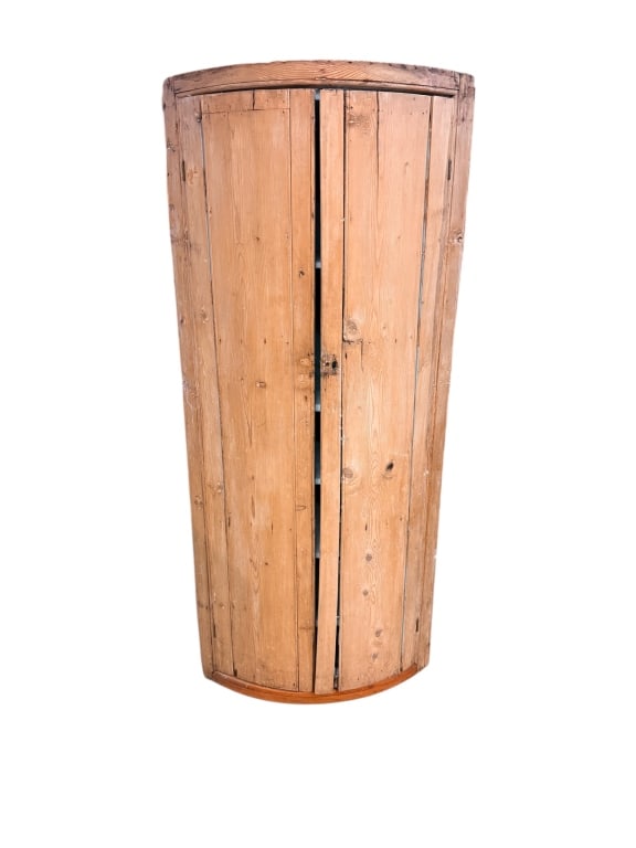 British White Pine Barrel Front Chest: Mid 19th C, baby blue interior, Repair to base, separation on doors, 5 interior 65.5 tall x 29 wide x 18.5 deep