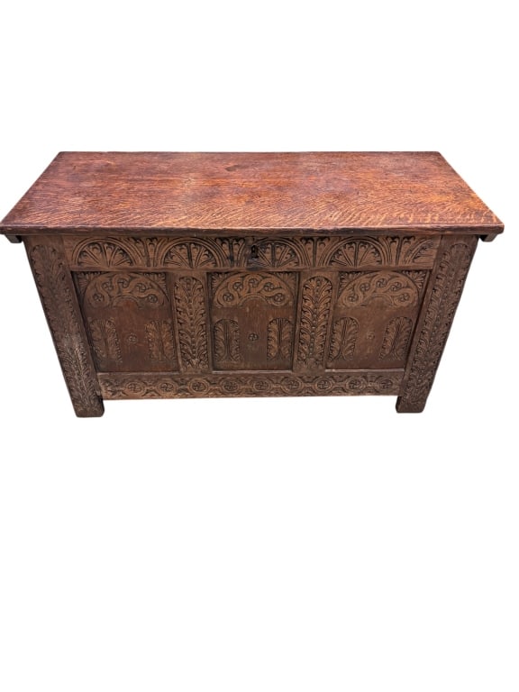 Jacobean English Oak Coffer: Traditional carved oak coffer, rat tail hinges w hearts, geometric carving throughout, panels ends front and back, study, heavy, 24 tall x 43 wide x 19 tall