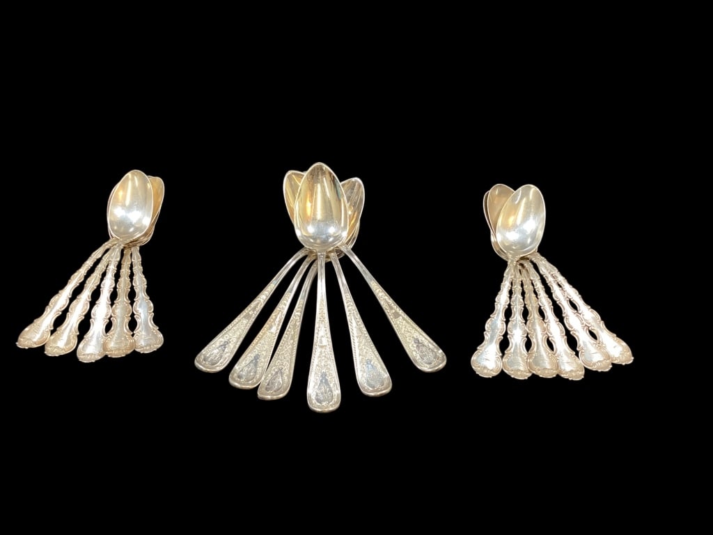 17 Sterling Silver Spoons: Set of six Caldwell place spoons at 7 inches. Set of 11 spoons. Pattern is 1897, at 5.5 inches. 14.43 ozt approximately.