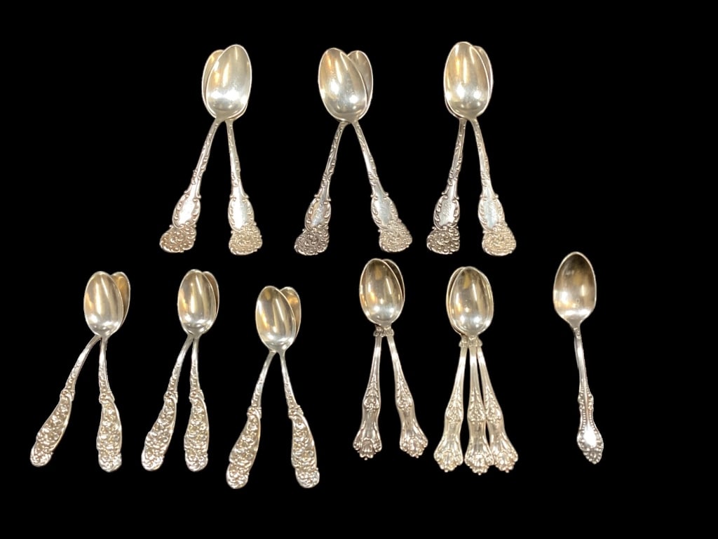 Group Sterling Silver Spoons: Set of six, at 6 inches, set of six demitasse, matching set of 5 demitasse and one single. 18 pieces total. 9.45 ozt approximately