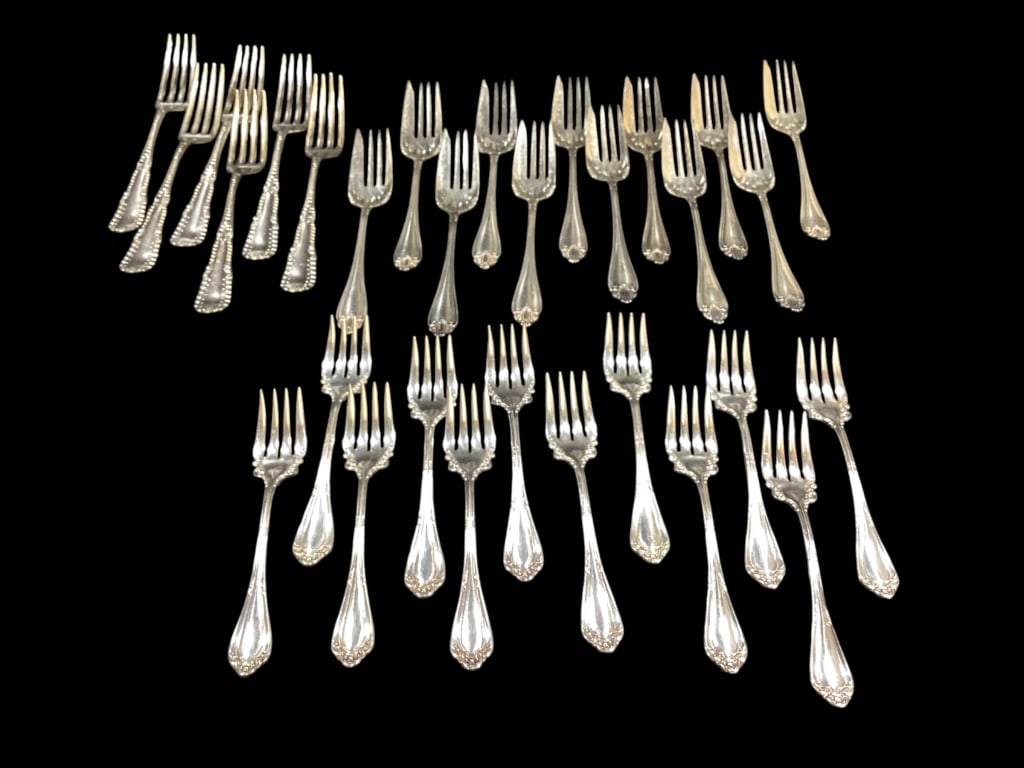 Group Mixed Silver Plate Flatware: Wallace 1836 pattern, set of 12 pastry Forks, Roger?s and Hamilton, set of 12 dessert forks, Riverton set of 6 place forks