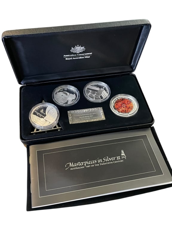 Royal Australian Mint Masterpieces in Silver Coins: Royal Australian Mint Masterpieces in Silver II ? Australian Art of the Twentieth Century proof coin set, issued 2007. Includes four $5 legal tender coins struck in .999 fine silver