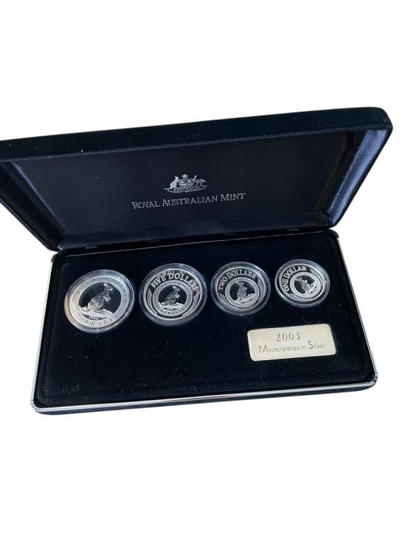 Royal Australian Mint 2003 Silver Coin Set: Royal Australian Mint 2003 Masterpieces in Silver ? Port Phillip Patterns proof set, comprising four fine silver proof coins, struck in 99.9% silver. Housed in original fitted presentation case