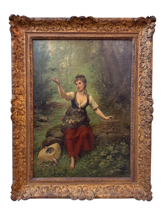 Freeing the Birds, Adrien de Boucherville: French, 19th century..oil on canvas, signed lower right and dated 1871, sight 28 x 20 in., carved gilt wood frame..lined, surface dirt and grime, few small repairs/repaints, crackle, not examined out 