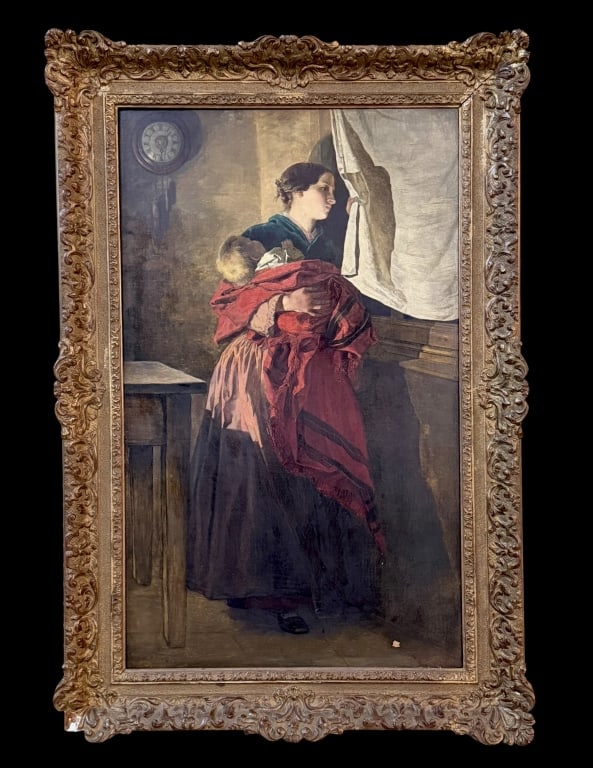 Maiden with Child, Robert Carrick: Scottish, 1829-1904..oil on canvas, signed Robt Carrick 1855 lower left, sight 28 x 17 in., gilt wood frame, faint exhibition label on verso with title: Anxiety..surface dust, cleaned surface, paint l