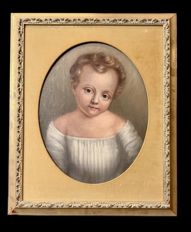 19th Century Portrait of a Child: Mid to late 19th century, oil on canvas, no visible signature, sight 18 x 14 in., velvet liner and gilt composition frame..canvas laid over panel, surface dirt and grime, crackle, light surface abrasi
