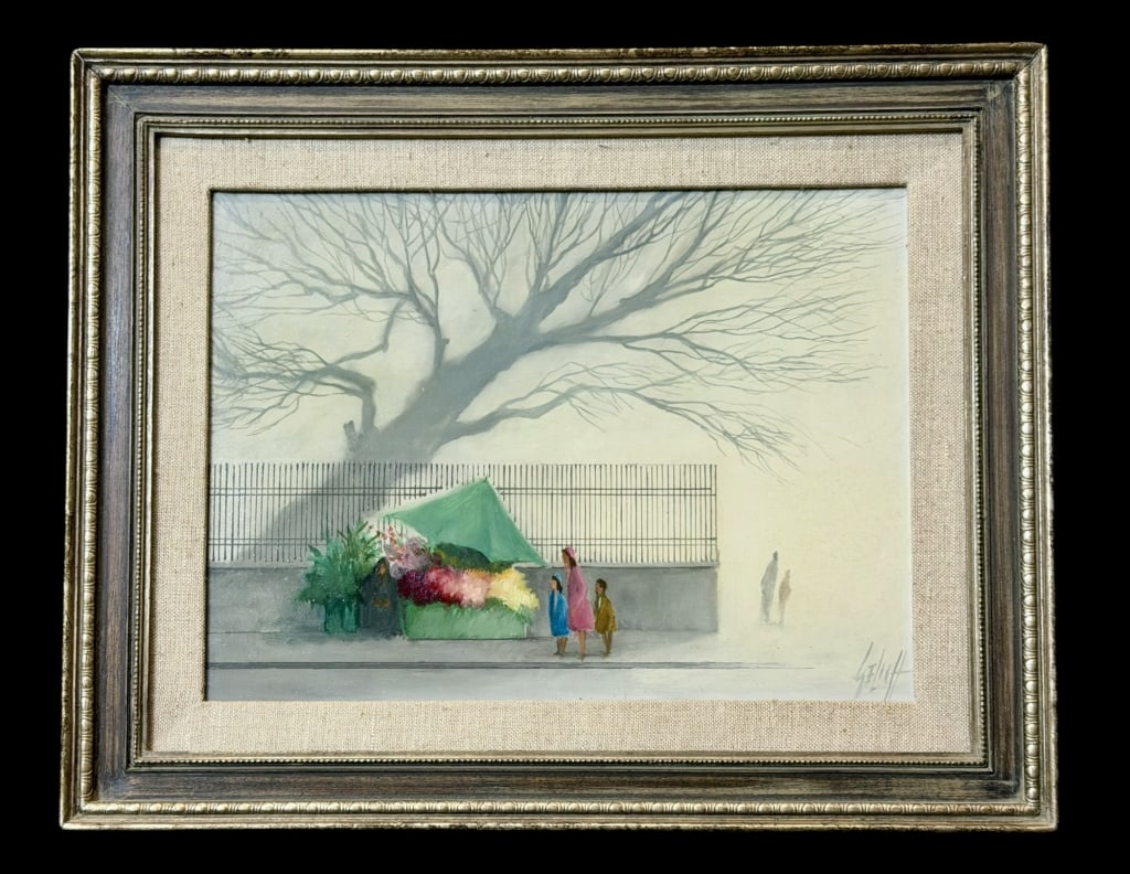 Mid 20th Century Flower Vendor Painting: Oil on board, signed Gelich lower right, sight 11 x 15 in., linen mat and composition frame, verso with gallery label and additional info..surface dust and light discoloration but otherwise good estat
