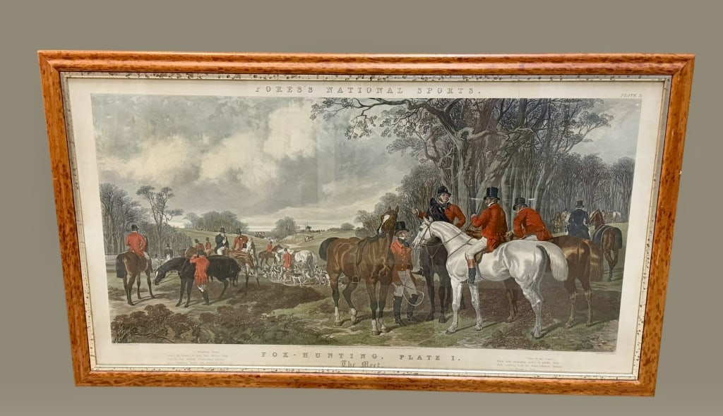 Framed Fox Hunt Engraving - The Meet: Hand colored engraving after the painting by John Frederick Herring (1795-1865), engraved by J. Harris, published 1852 by Mess Fore at their Sporting Line Print Repository and Frame Manufacture, sight