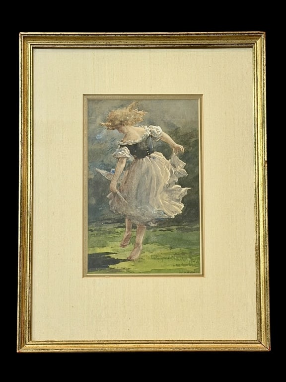 Dancing Red-Haired Girl, William Henry Holmes: American, 1846-1933..watercolor on paper, signed lower right, double matted and glazed, sight 8 x 5 in., modern gilt wood frame, note on verso pertaining to written note on work..toning, possibly laid