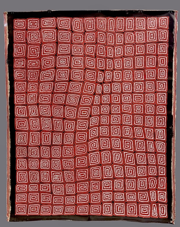Tingari Dreaming, Thomas Tjapaltjarri: Large Aboriginal painting with red squares and white dots on black ground, acrylic on Belgian linen, titled on verso, with certificate of authenticity and signature photos, unstretched.. light rolling