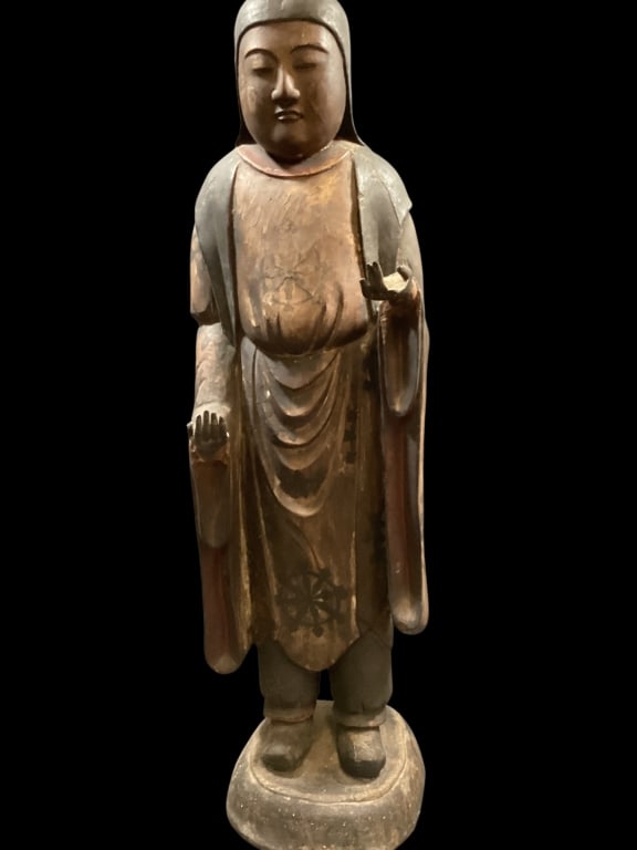 Japanese Figure Shaka Nyorai: Traditional Wooden sculpture figure 27 inches tall with inverted palm and extended left hand. Traces of old polychrome paint* age wear, crack, missing finger - ()