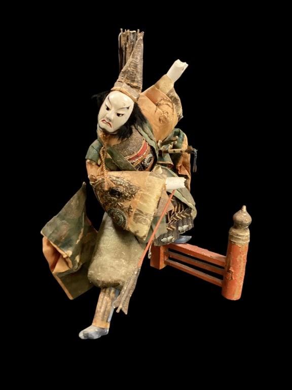 Japanese Takeda Samuri Doll: He appears with spear, sword, and quiver. Dressed in silk and brocade costume, Meiji period. They replicate popular characters from theatre arts. 15 x 12 inches. Qq - ()
